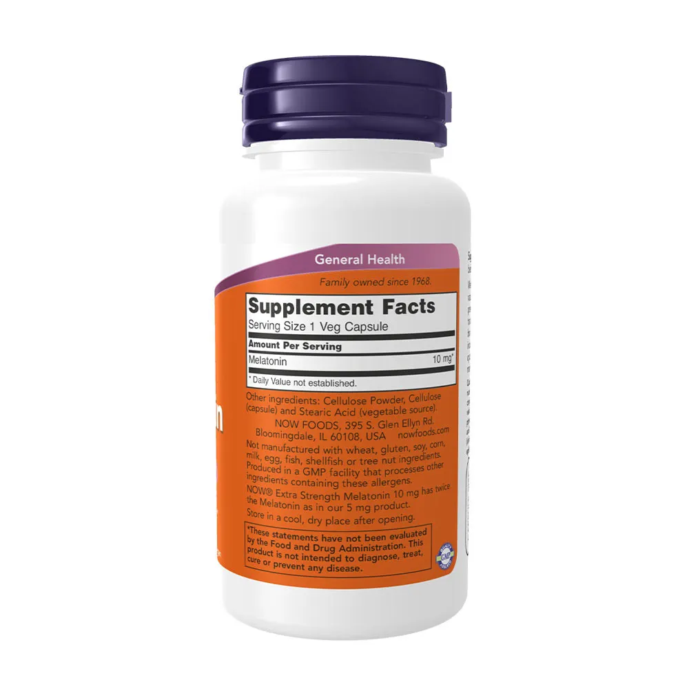 NOW Melatonin 10 mg Extra Strength (100 Veg Capsules) - obrazek 2