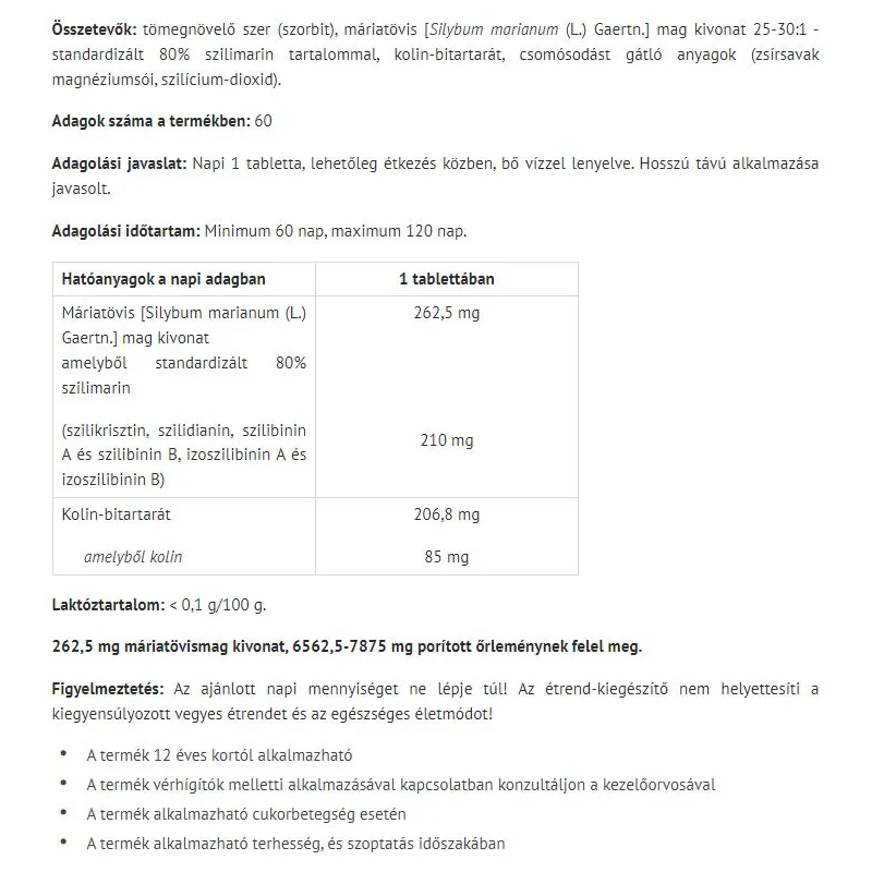 Natur Tanya Milk Thistle Max + Kolin (60 Tablets) - obrazek 2