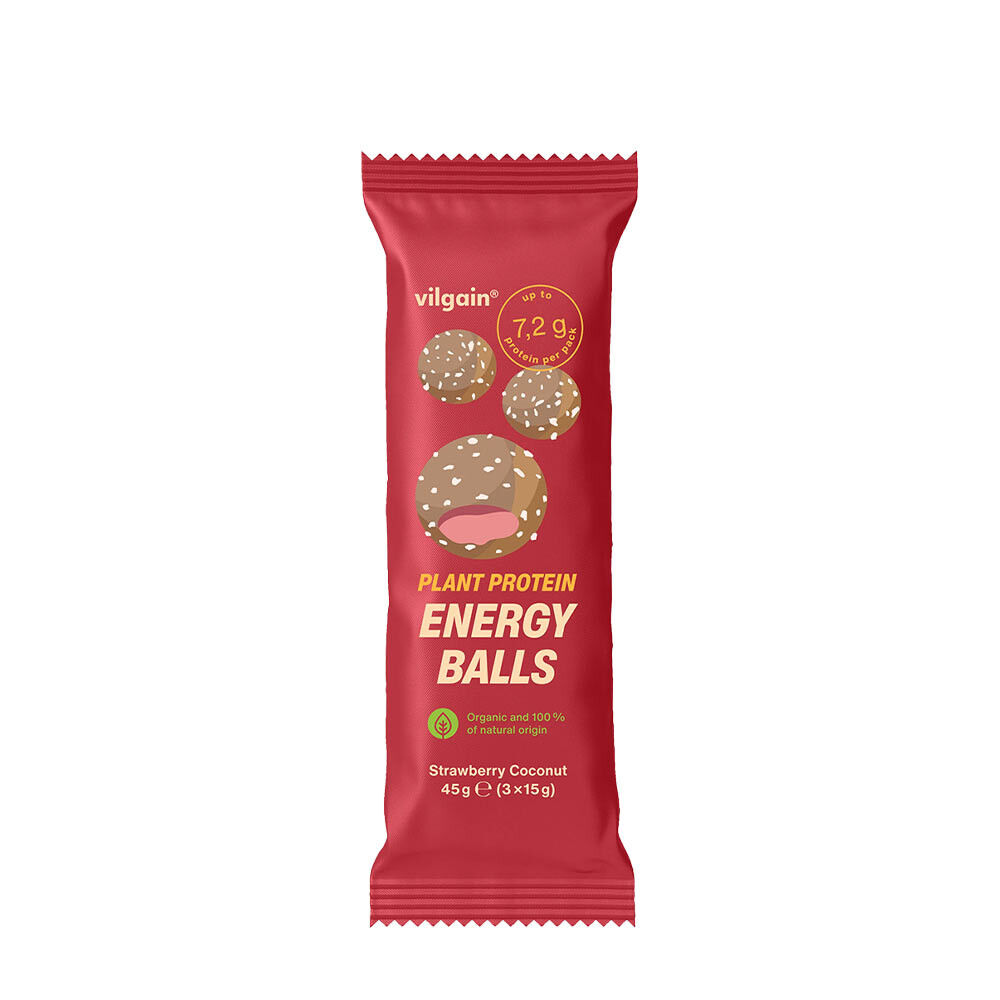 Kulki energetyczne Vilgain z białkiem roślinnym BIO o smaku truskawkowo-kokosowym (45 g) – Viking Supplements